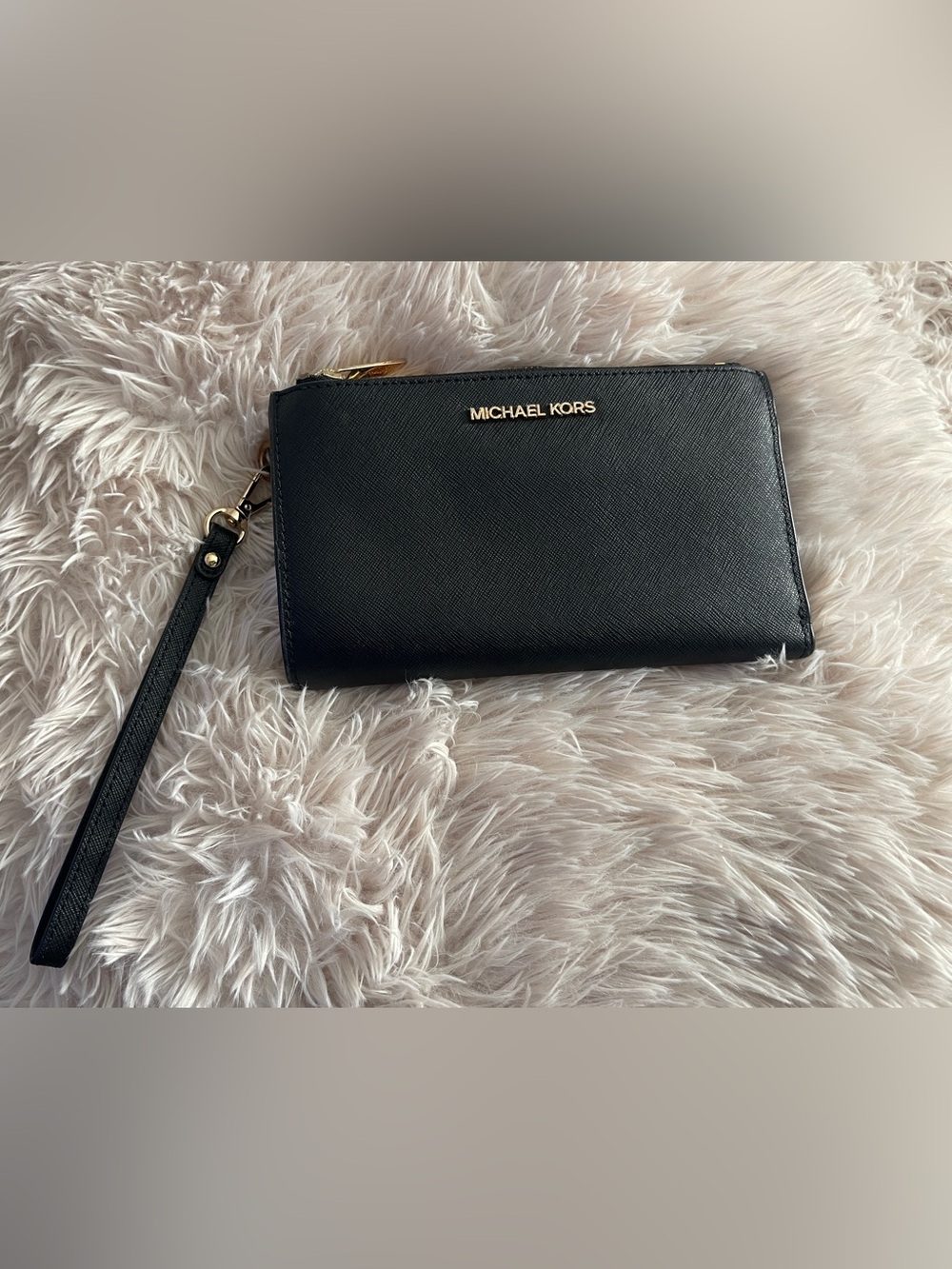 Michael Kors Black Leather Zip Wristlet with Gold Hardware